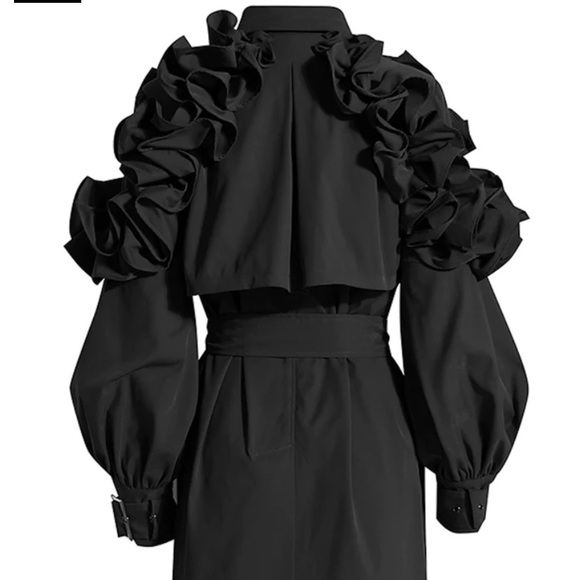 LAST ONE!! Ruffle Trim Statement Trench Coat Black - Picture 3 of 9